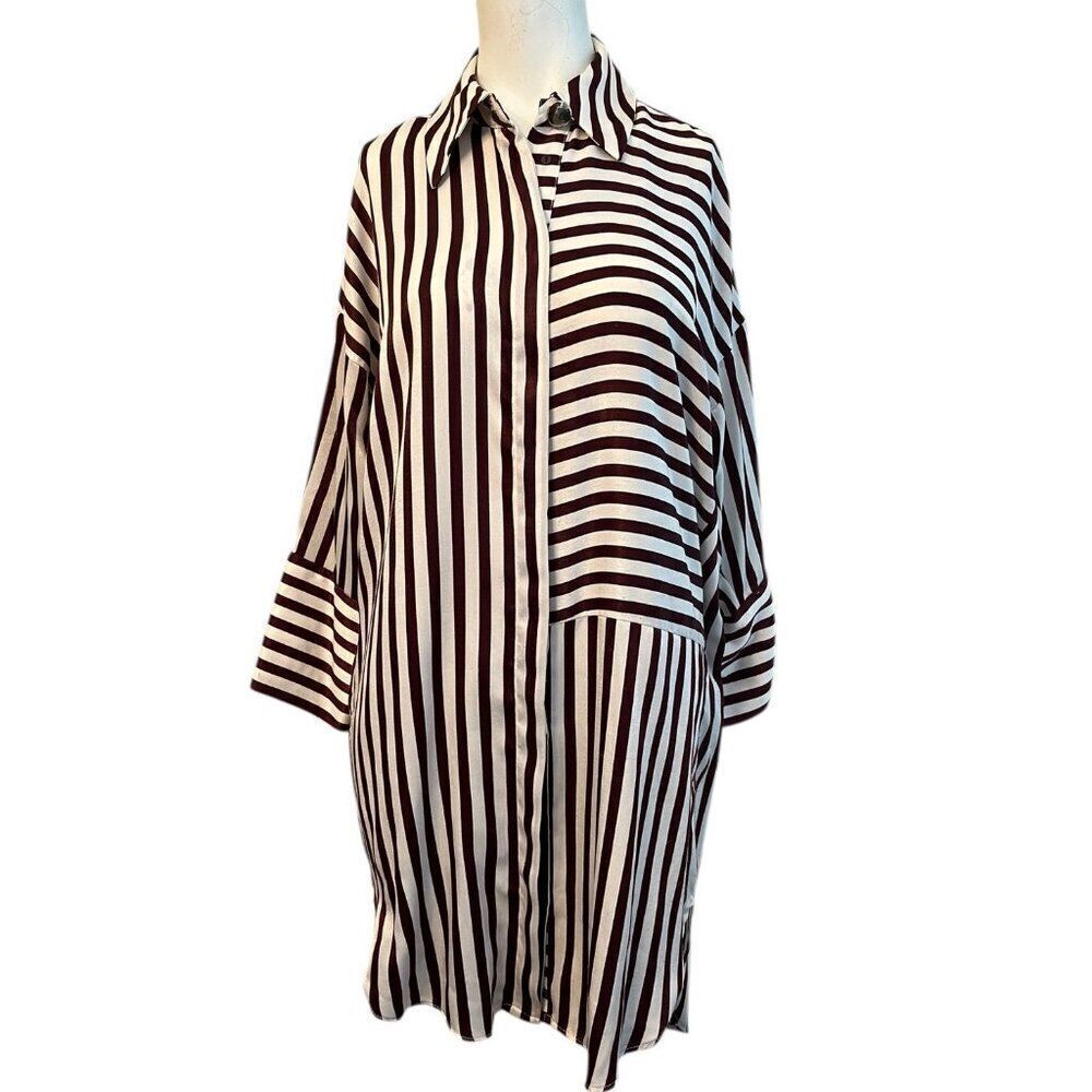 Zara Basic Collection Small Brown White Striped Tunic Satin Long Sleeve Cover Up